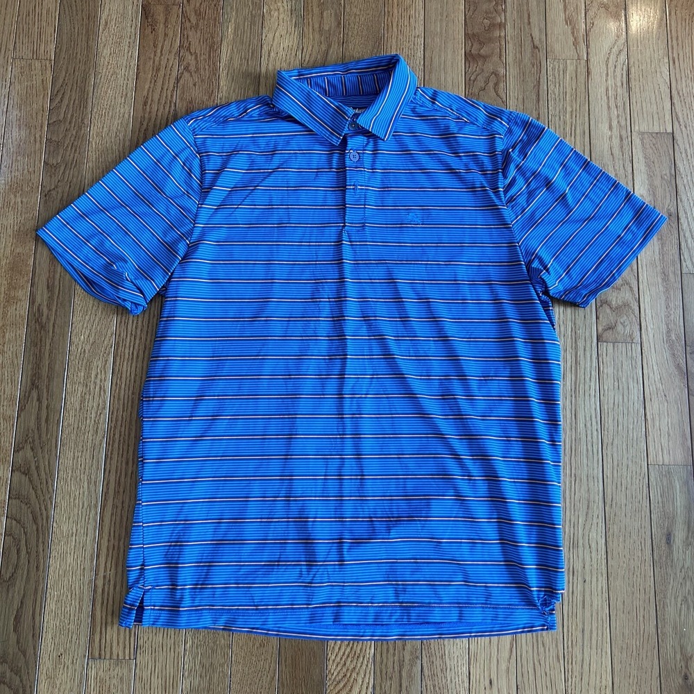 Tommy Bahama Polo Shirt Men M Blue Orange‎ Striped Island Zone Performance